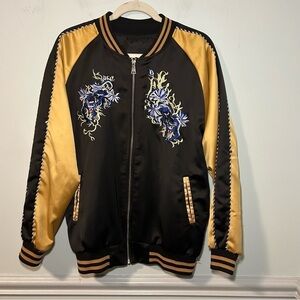 Sukajan Silk Black & Gold Sleeve Dragon Print Zip-Up Jacket Size Medium